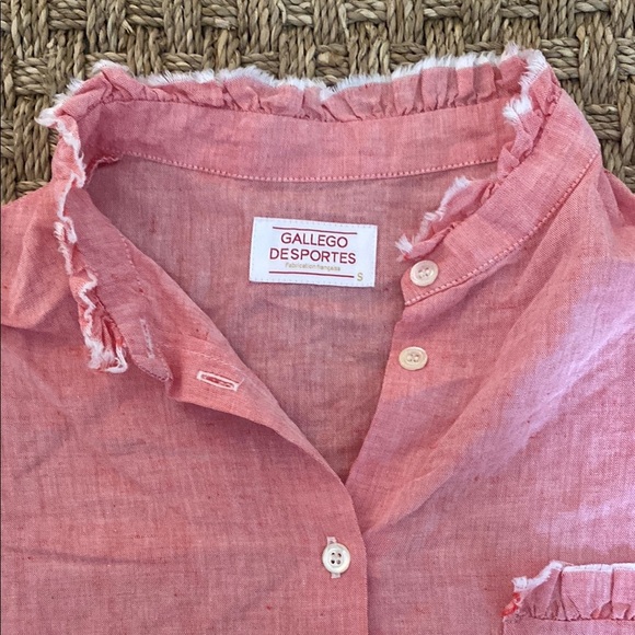 Gallego Desportes Orange Linen blend Button-Up Shirt stand Up collar 3/4 Sleeve - Picture 2 of 12